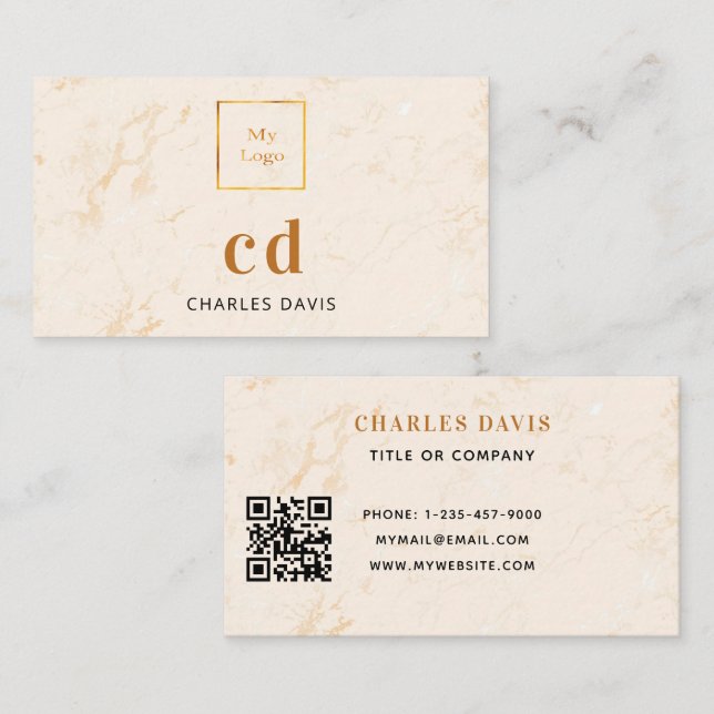 Marble gold monogram initials Qr code logo Business Card (Front/Back)