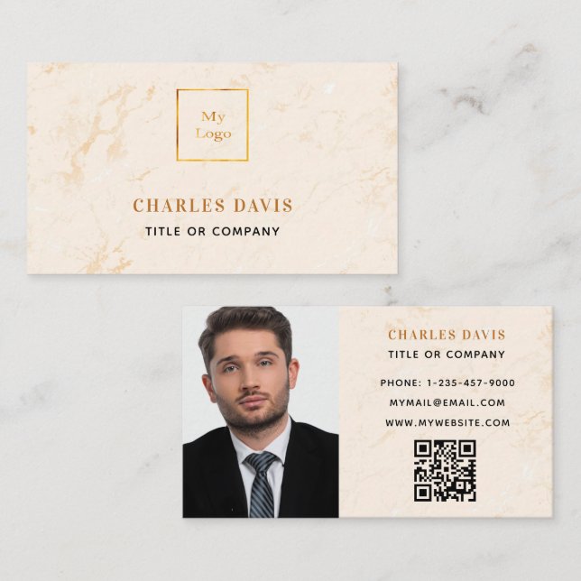 Marble gold monogram photo Qr code logo elegant  Business Card (Front/Back)
