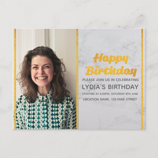 Marble & Gold Photo Birthday Invitation (Front)