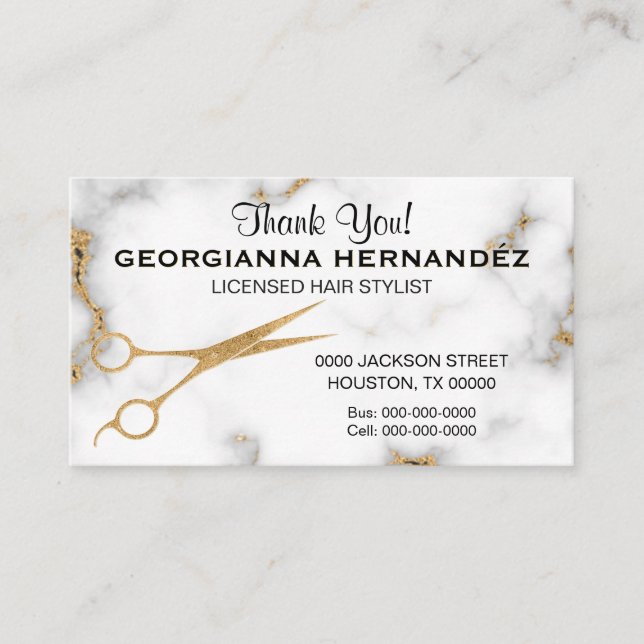 Marble Gold Scissor Hair Stylist Business Enclosure Card (Front)