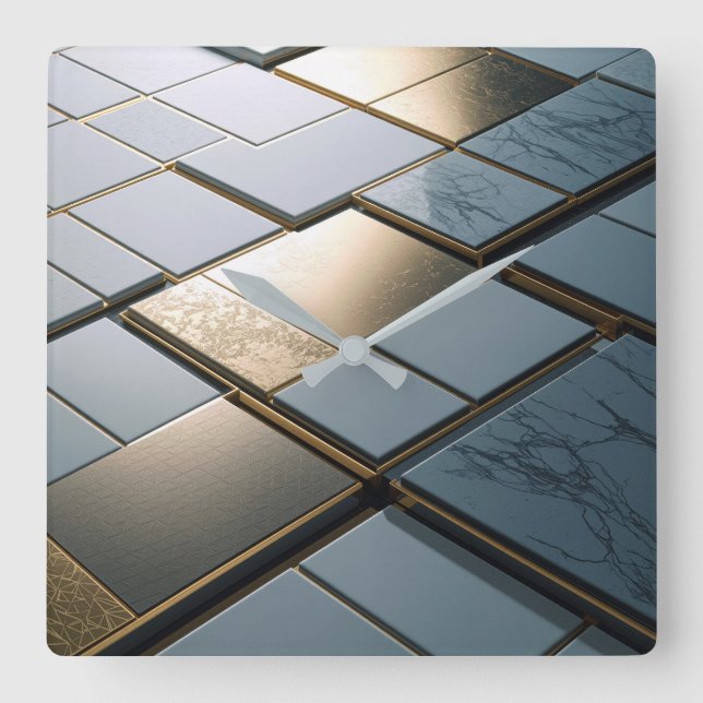 Marble Gold Tiles Luxury Geometry Square Wall Clock (Front)