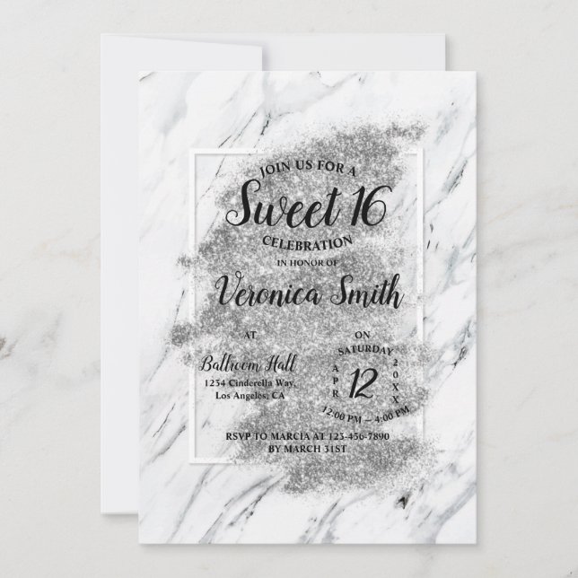 Marble Grayscale Sweet 16 Invitation (Front)