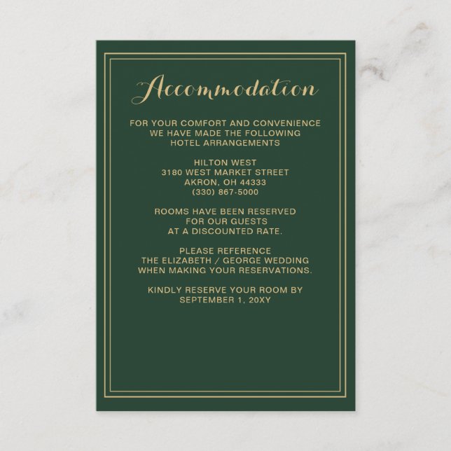 Marble Green and Gold Wedding details card (Front)