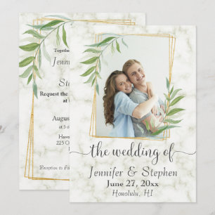 Marble Greenery Gold Geometric Photo Wedding Invitation