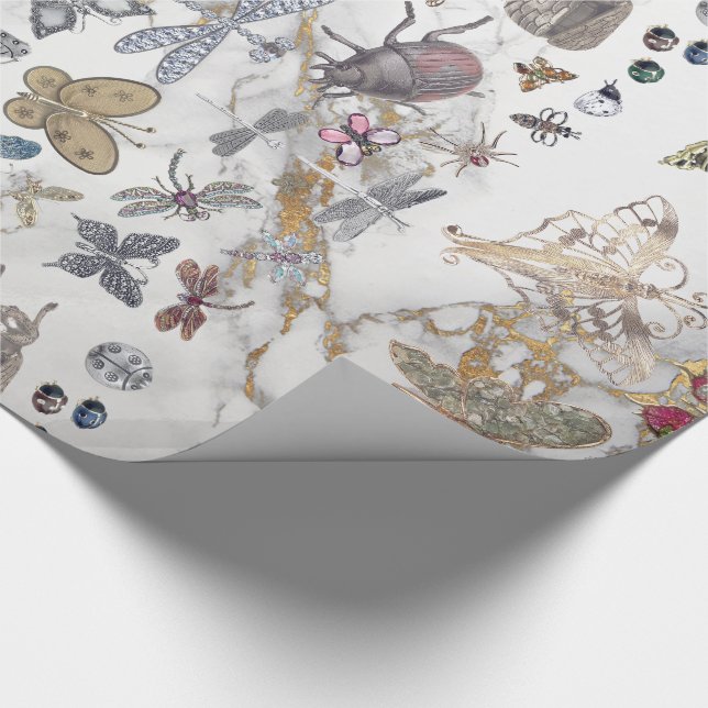 Marble Grey Gold  Meadow Butterfly Insects Gem Wrapping Paper (Corner)