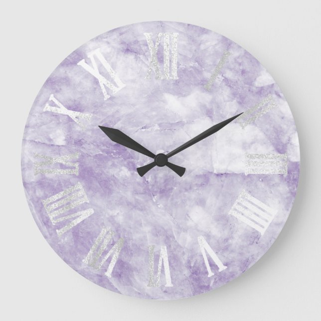 Marble Grey Silver Purple Amethyst Roman Numbers Large Clock (Front)