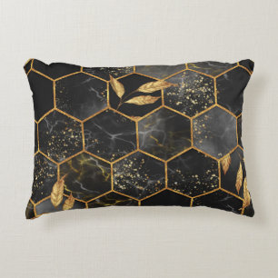 Marble Hexagon, Golden Leaves Texture. Accent Pillow