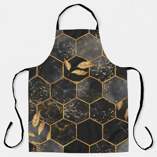 Marble Hexagon, Golden Leaves Texture. Apron (Front)