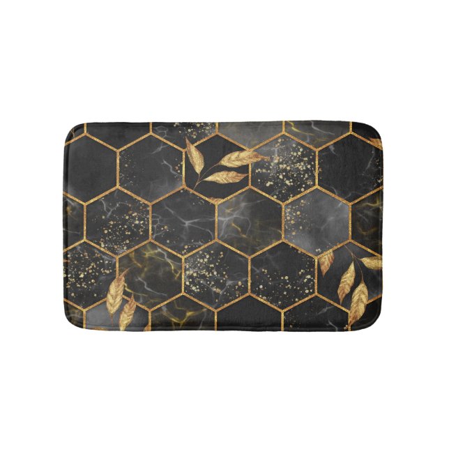 Marble Hexagon, Golden Leaves Texture. Bath Mat (Front)
