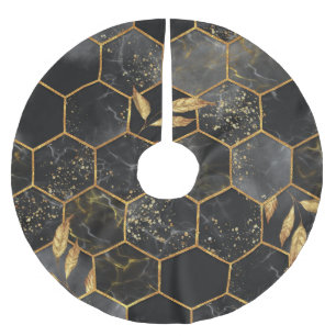 Marble Hexagon, Golden Leaves Texture. Brushed Polyester Tree Skirt