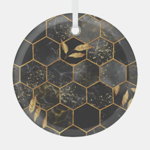 Marble Hexagon, Golden Leaves Texture. Glass Ornament