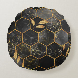 Marble Hexagon, Golden Leaves Texture. Round Pillow