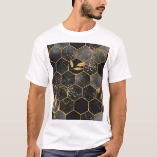 Marble Hexagon, Golden Leaves Texture. T-Shirt