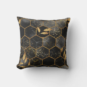 Marble Hexagon, Golden Leaves Texture. Throw Pillow