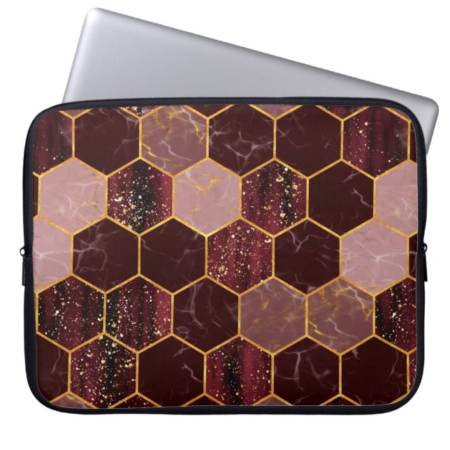 Marble hexagon seamless texture with gold laptop sleeve (Front)