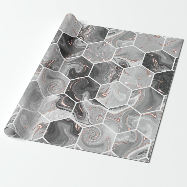 Marble hexagon seamless texture with gold pattern wrapping paper (Unrolled)