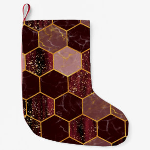 Marble hexagon seamless texture with gold small christmas stocking