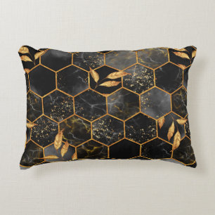 Marble hexagon seamless texture with golden leaves accent pillow