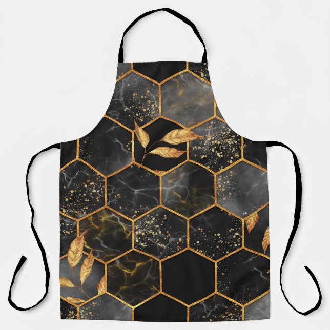 Marble hexagon seamless texture with golden leaves apron (Front)