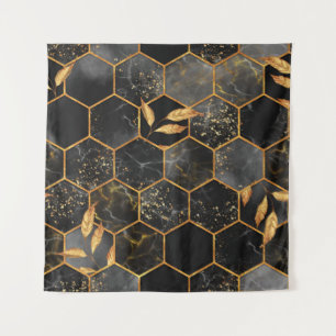 Marble hexagon seamless texture with golden leaves tapestry