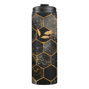 Marble hexagon seamless texture with golden leaves thermal tumbler