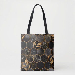 Marble hexagon seamless texture with golden leaves tote bag
