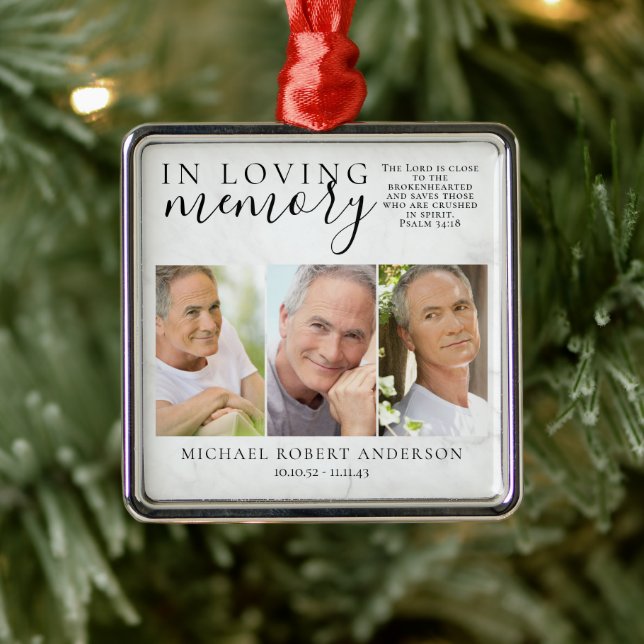 Marble In Loving Memory Photo Memorial Tribute  Metal Ornament (Tree)