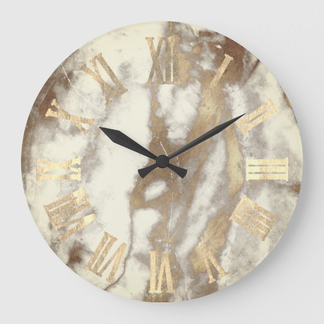 Marble Ivory Grey Gold Metal Stone Roman Numbers Large Clock (Front)