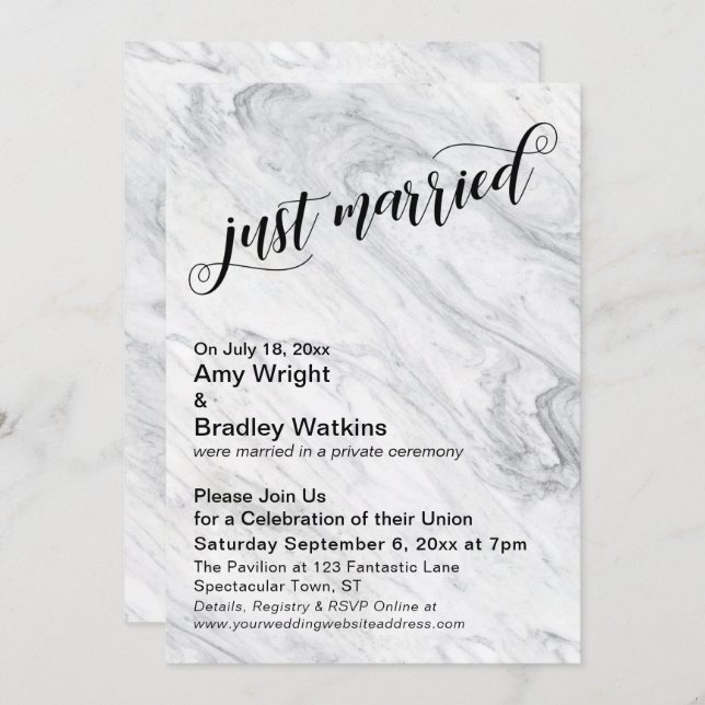 Marble Just Married Post-Wedding Celebration Invitation (Front/Back)