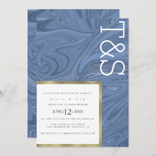 Marble Liquid Dark Blue Gold Typography Wedding Invitation (Front/Back)