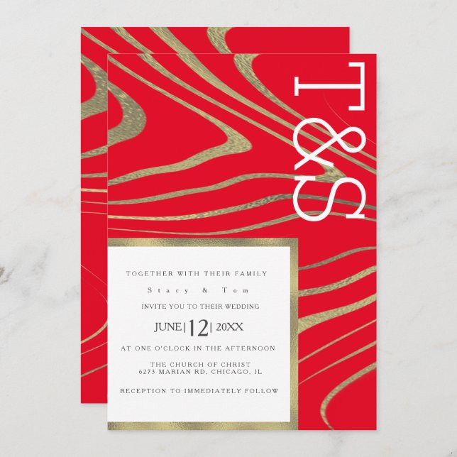 Marble Liquid Gold Agate Typography Wedding Invitation (Front/Back)