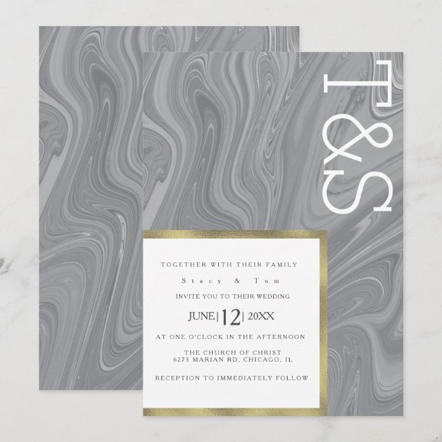 Marble Liquid Grey Agate Typography Wedding Invitation (Front/Back)