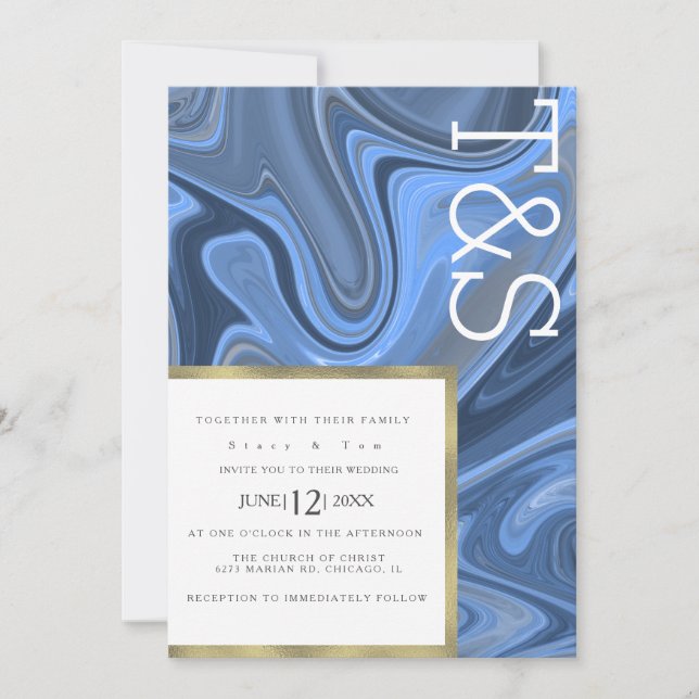 Marble Liquid Navy Blue Gold Typography Wedding Invitation (Front)