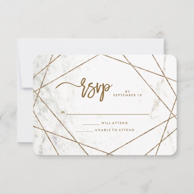 Marble Look and Copper Geometric Wedding RSVP Card (Front)