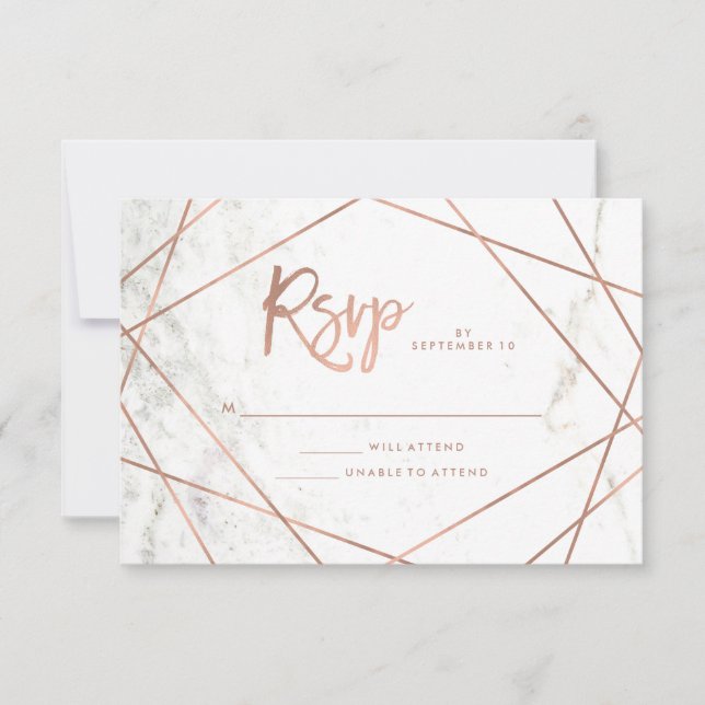 Marble Look and Faux Rose Gold Geometric RSVP Card (Front)
