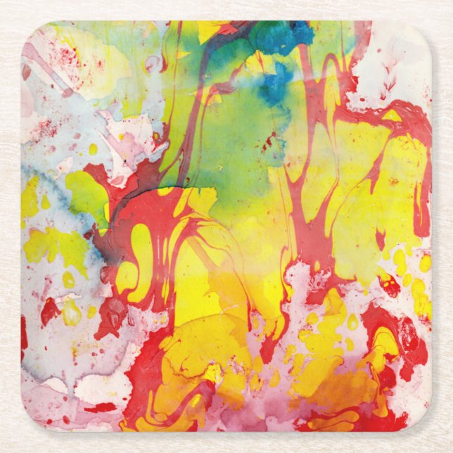 Marble Look Pink Red Yellow Blue Green Abstract Square Paper Coaster (Front)