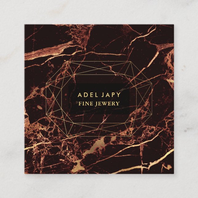 Marble Masala Red+Faux Gold Gemstone Facet Square Business Card (Front)