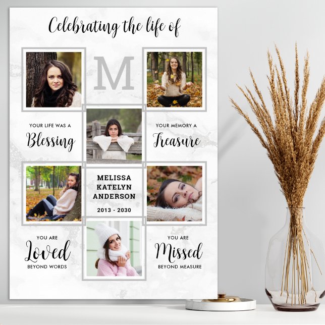 Marble Memorial Unique 6 Photo Collage Funeral Poster (Creator Uploaded)