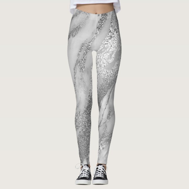 Marble Minimal Abstract Metallic Silver Grey Lux Leggings (Front)