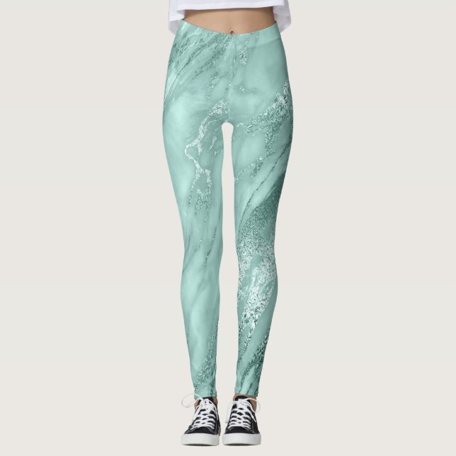 Marble Minimal Abstract Teal Aquatic Blue Leggings (Front)
