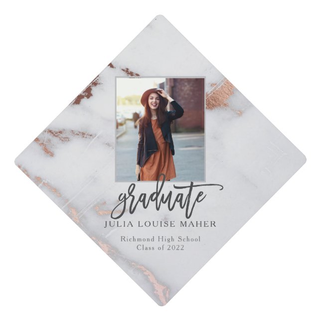 marble modern elegant photo graduate graduation cap topper (Front)