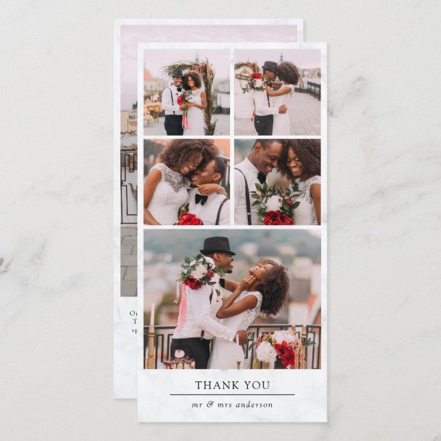 Marble Modern Multi Photo Collage Wedding Thank You Card (Front/Back)