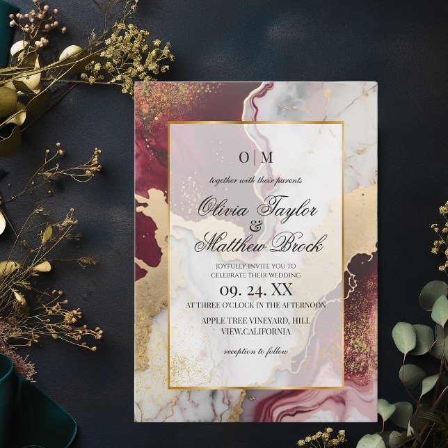 Marble Modern Romantic Burgundy and gold Wedding Invitation (Creator Uploaded)