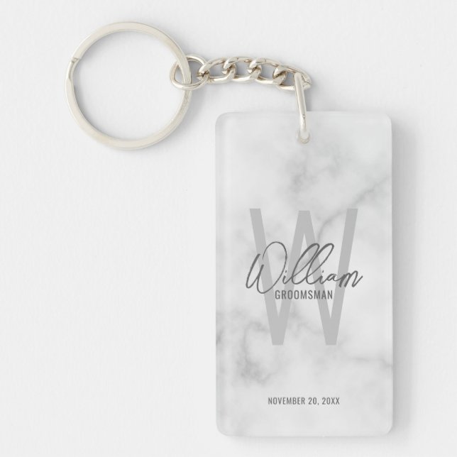 Marble Modern Script Personalized Groomsmen  Keychain (Front)