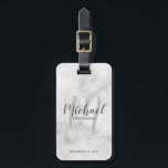 Marble Modern Script Personalized Groomsmen Luggage Tag<br><div class="desc">Add a personal touch to your wedding with personalized groomsmen luggage tag. This luggage tag features personalized groomsmen's name in grey modern script font style and monogram in light grey modern script font style as background with title and wedding date in grey modern sans serif font style on white marble...</div>