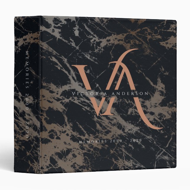 Marble Monogram Black Rose Gold Modern Photo Album Binder (Front/Spine)
