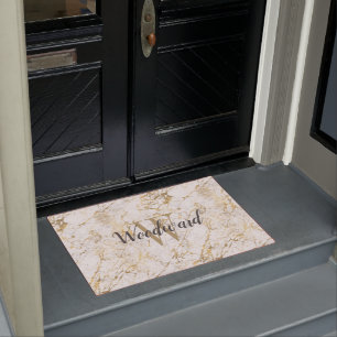 Marble Monogram Gold White Script Personalized Doormat