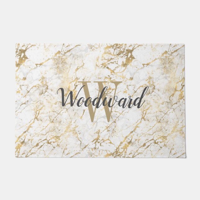Marble Monogram Gold White Script Personalized Doormat (Front)