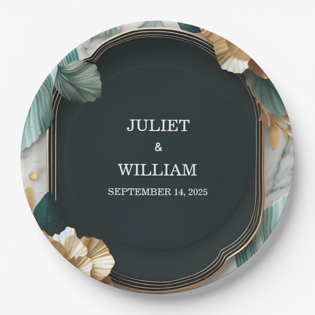 Marble Monstera Emerald Green And Gold Wedding Paper Plate (Front)