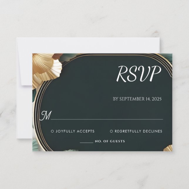 Marble Monstera Emerald Green And Gold Wedding RSVP Card (Front)